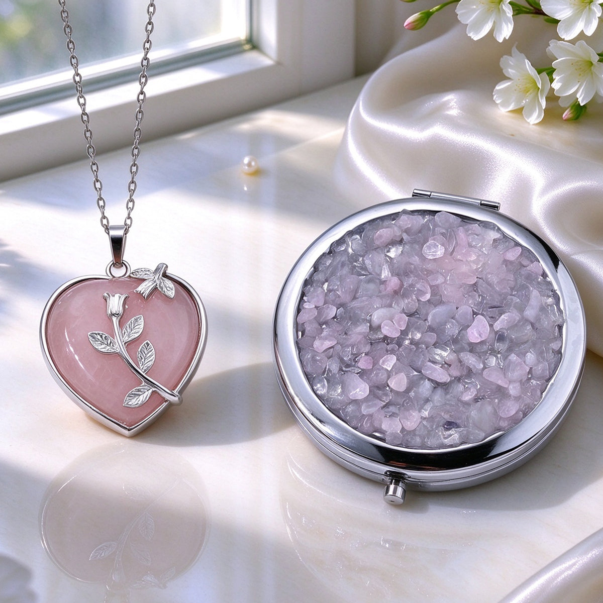 2 Piece Set -  Rose Quartz,  Glass Accessories,Pendant with Chain (Size 20) 130.00ct  130.000  Ct. 4539503 1