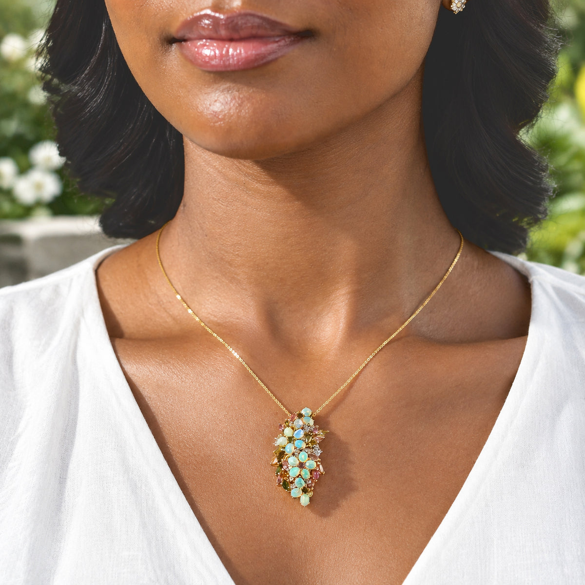 Ethiopian Opal,  Multi-Tourmaline,  White Zircon Pendant with Chain (Size 20) in 18K YG Vermeil Sterling Silver 2.77 ct  Silver Wt. 7.35 Gms  4.690  Ct. 4539752 1