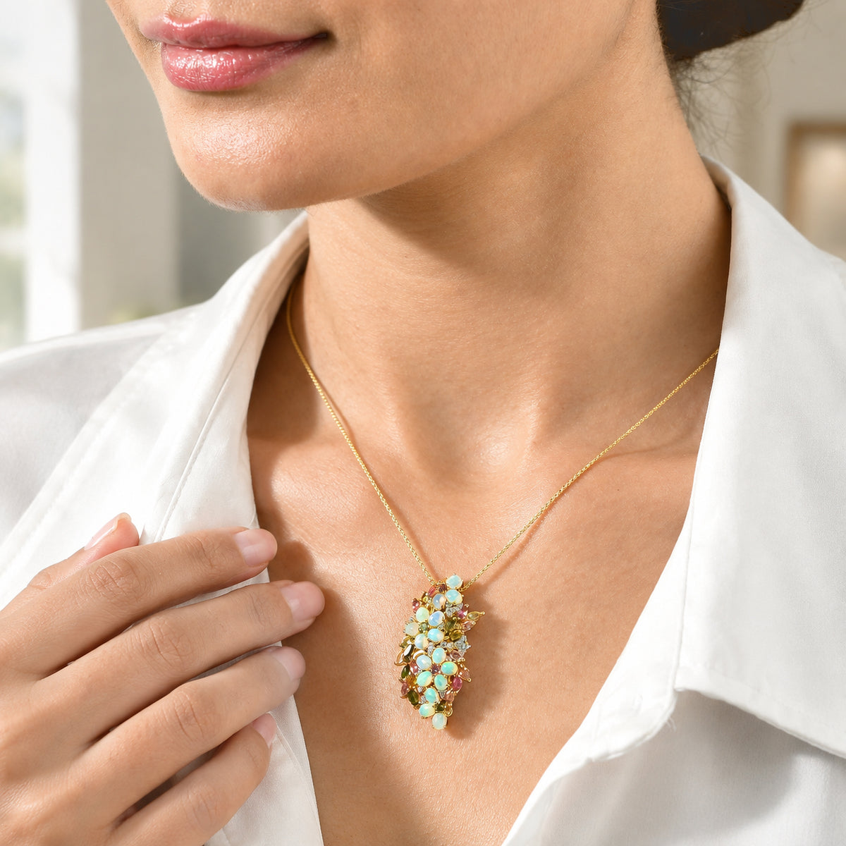 Ethiopian Opal,  Multi-Tourmaline,  White Zircon Pendant with Chain (Size 20) in 18K YG Vermeil Sterling Silver 2.77 ct  Silver Wt. 7.35 Gms  4.690  Ct. 4539752 2