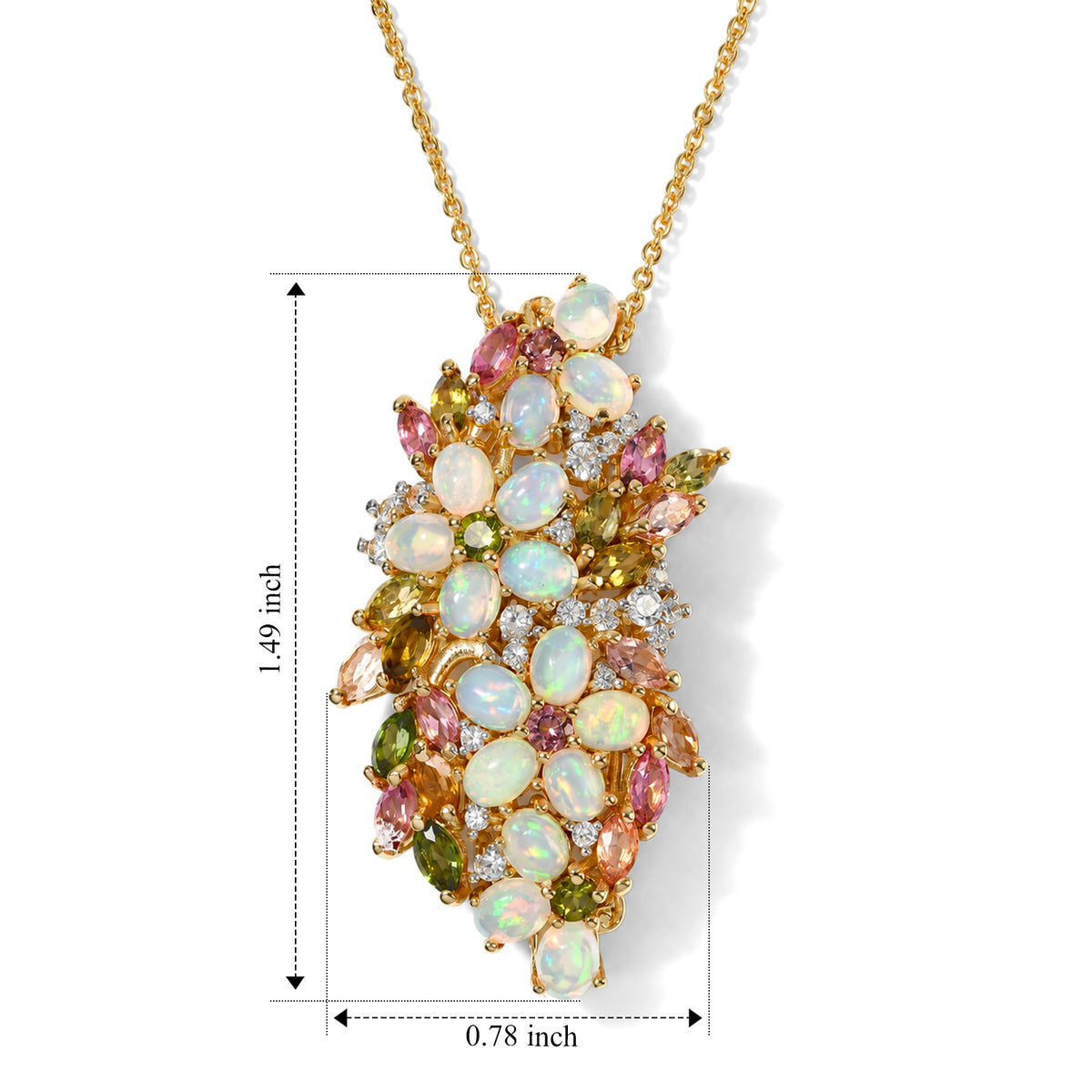 Ethiopian Opal,  Multi-Tourmaline,  White Zircon Pendant with Chain (Size 20) in 18K YG Vermeil Sterling Silver 2.77 ct  Silver Wt. 7.35 Gms  4.690  Ct. 4539752 5