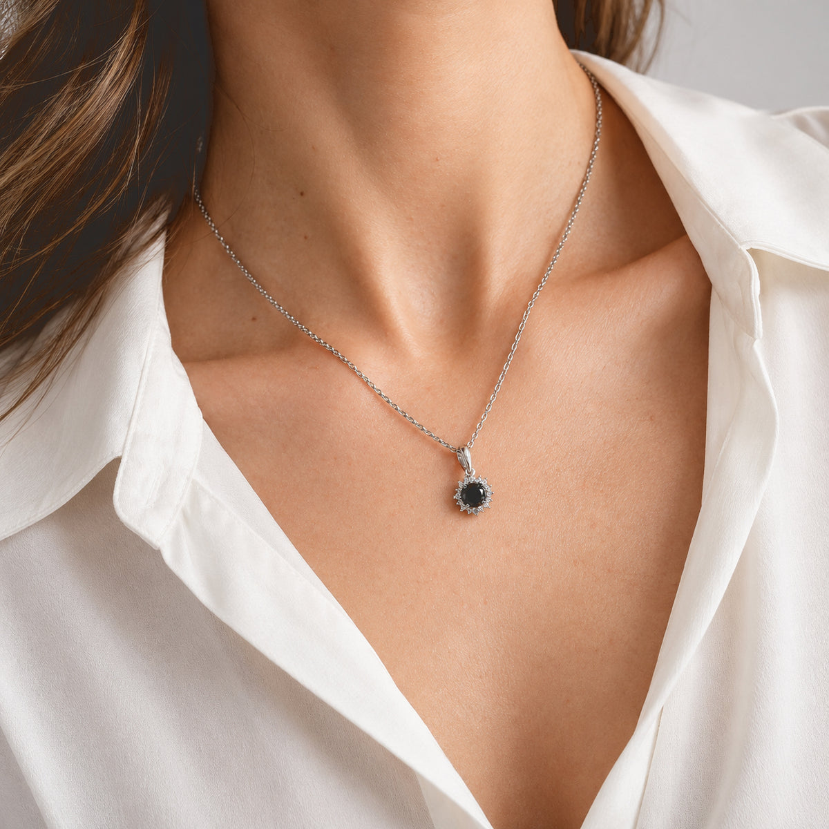 D'Joy - Black Diamond &amp; White Diamond Halo Pendant with Chain (Size 20) in Rhodium Overlay Sterling Silver 1.00 Ct. 4539892 1