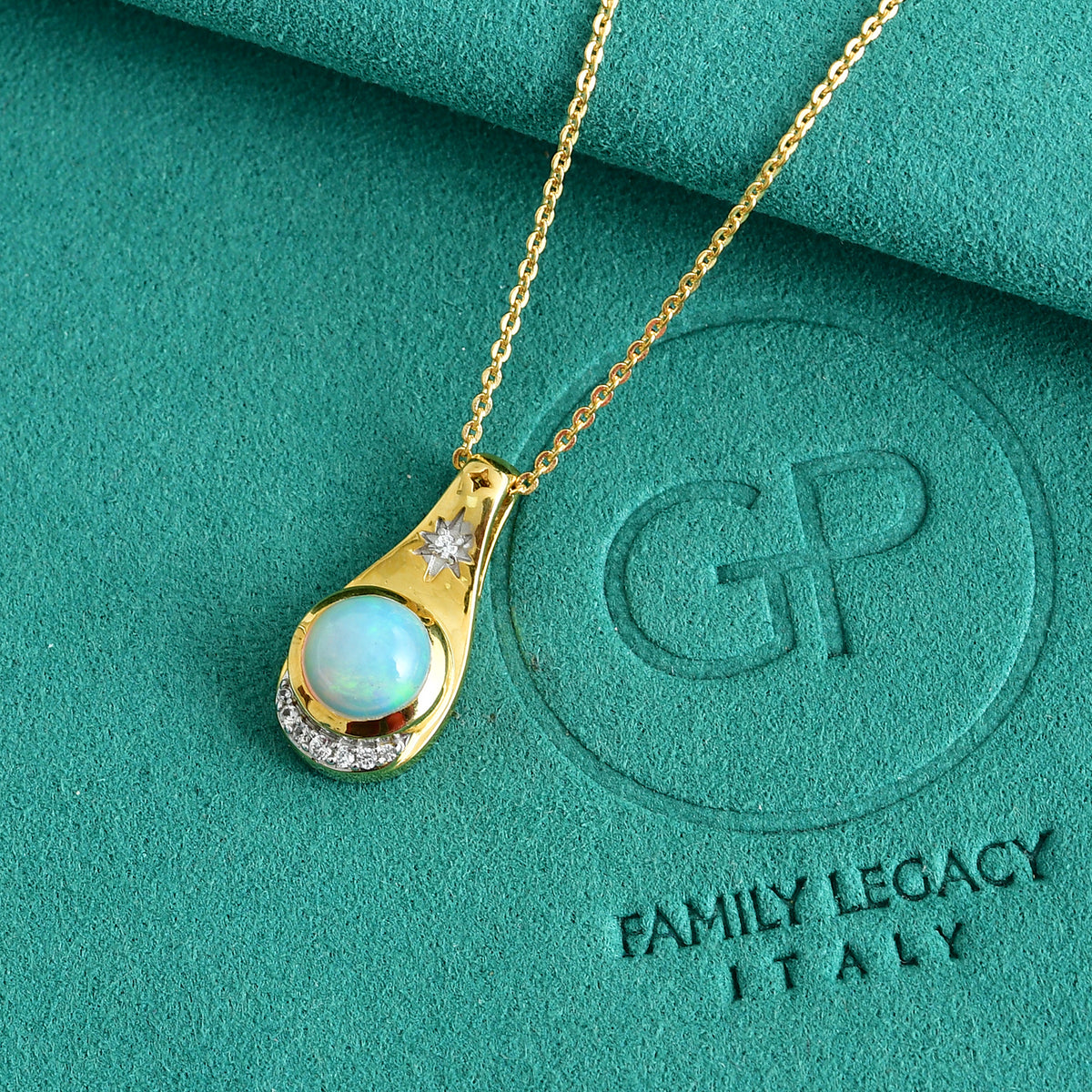 GP - AAA Ethiopian Opal, White Zircon &amp; Blue Sapphire Pendant with Chain (Size 20) in Yellow Gold Plated Sterling Silver 1.00 Ct. 4539952 1