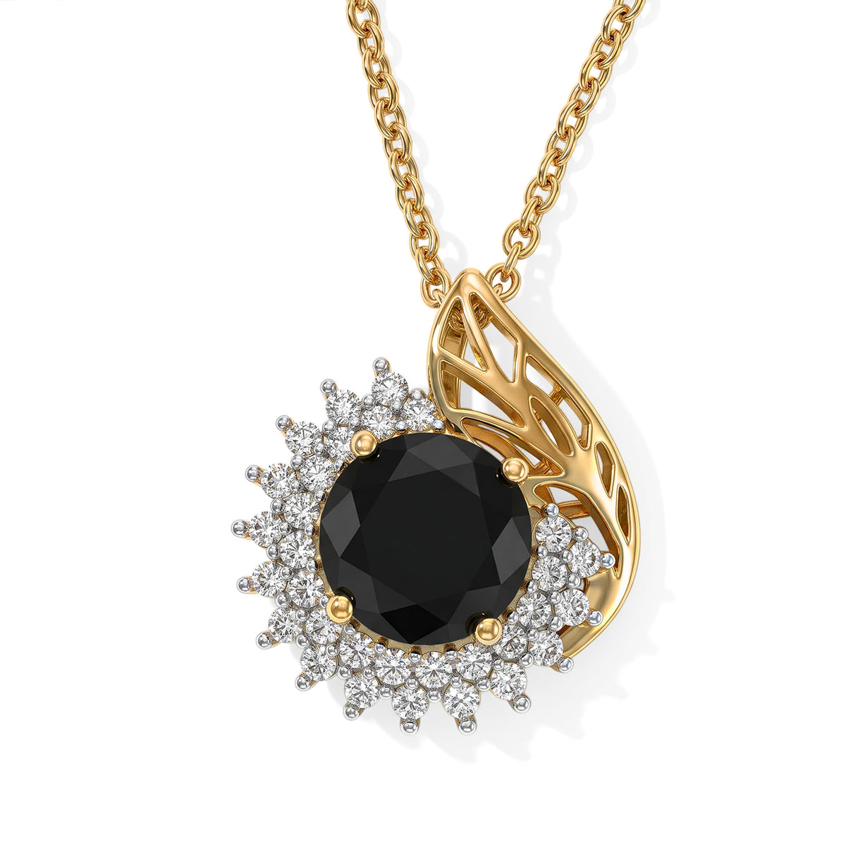 D'Joy - Black Spinel &amp; White Zircon Sunburst Halo Pendant in Yellow Gold Plated Sterling Silver with Chain (Size 20) 4.10 Ct. 4540374 0
