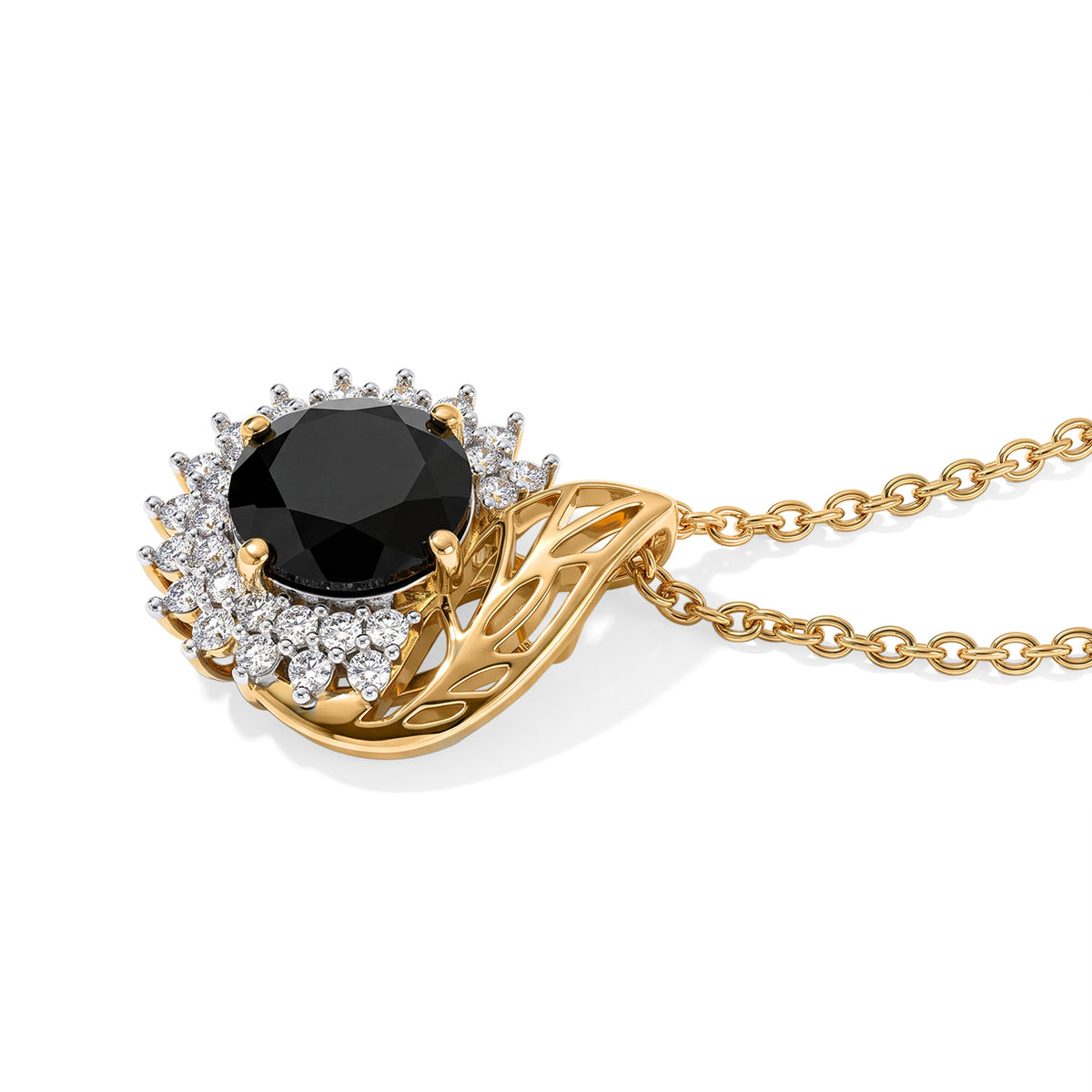 D'Joy - Black Spinel &amp; White Zircon Sunburst Halo Pendant in Yellow Gold Plated Sterling Silver with Chain (Size 20) 4.10 Ct. 4540374 3