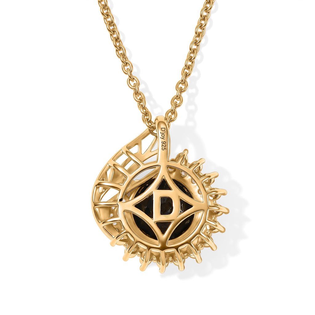 D'Joy - Black Spinel & White Zircon Sunburst Halo Pendant in Yellow Gold Plated Sterling Silver with Chain (Size 20) 4.10 Ct._4540374_4