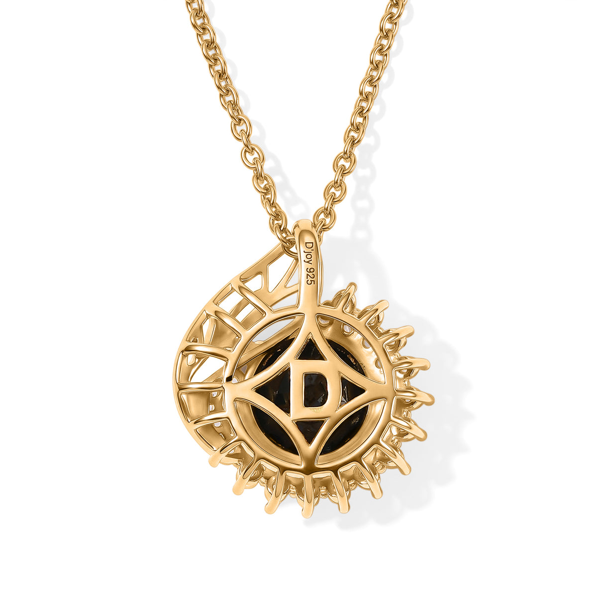 D'Joy - Black Spinel &amp; White Zircon Sunburst Halo Pendant in Yellow Gold Plated Sterling Silver with Chain (Size 20) 4.10 Ct. 4540374 4