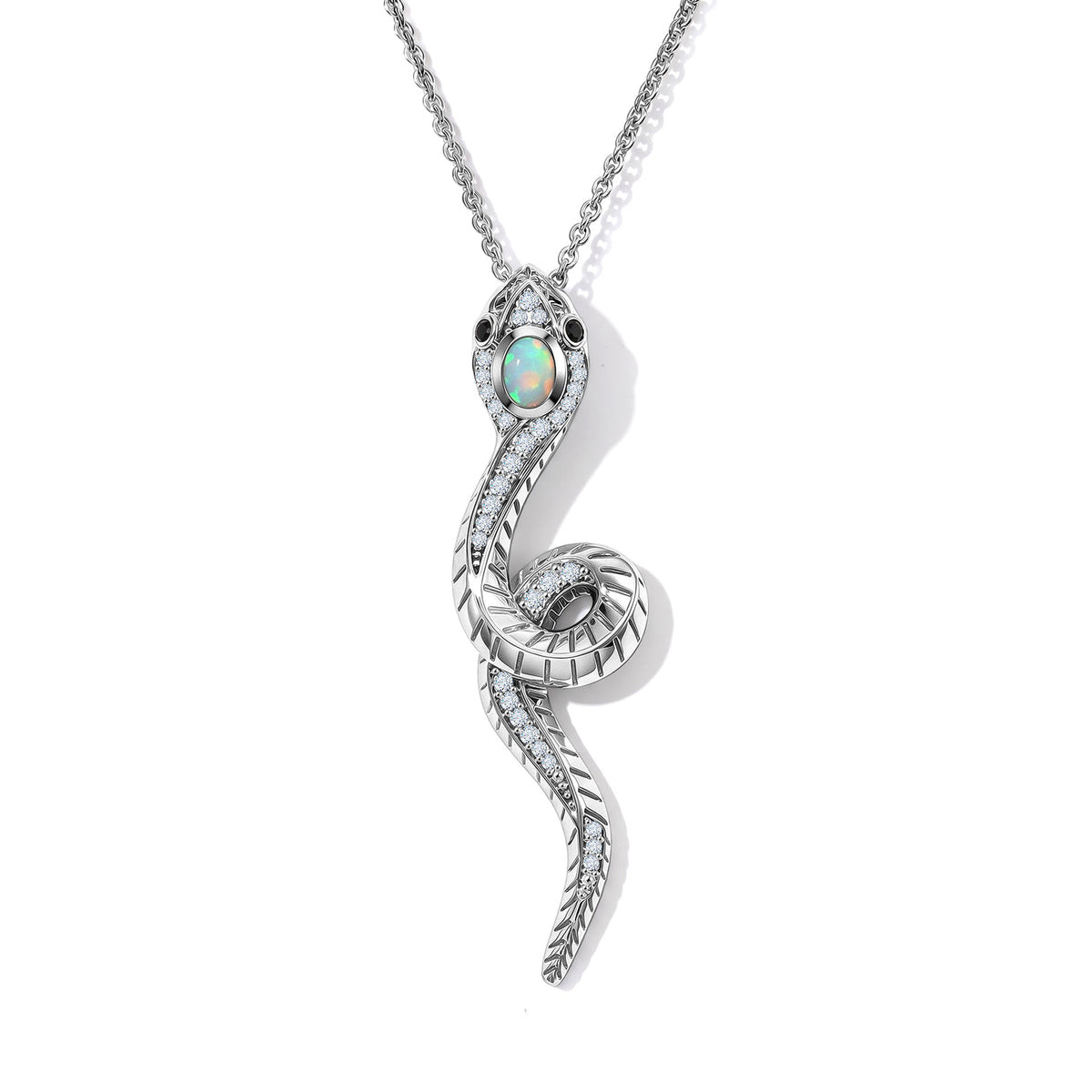 GP - Ethiopian Opal, White Zircon, Black Spinel &amp; Blue Sapphire Serpentine Pendant with Chain (Size 20) in Rhodium Overlay Sterling Silver 4540421 0