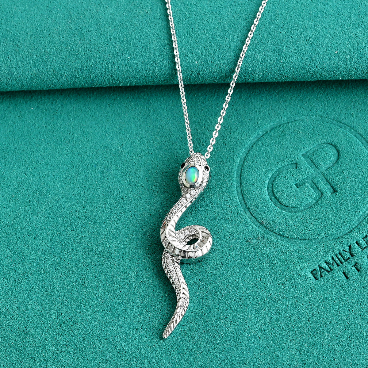 GP - Ethiopian Opal, White Zircon, Black Spinel &amp; Blue Sapphire Serpentine Pendant with Chain (Size 20) in Rhodium Overlay Sterling Silver 4540421 1