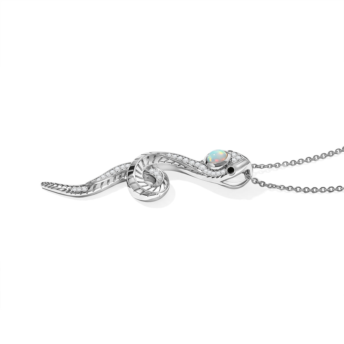 GP - Ethiopian Opal, White Zircon, Black Spinel &amp; Blue Sapphire Serpentine Pendant with Chain (Size 20) in Rhodium Overlay Sterling Silver 4540421 4