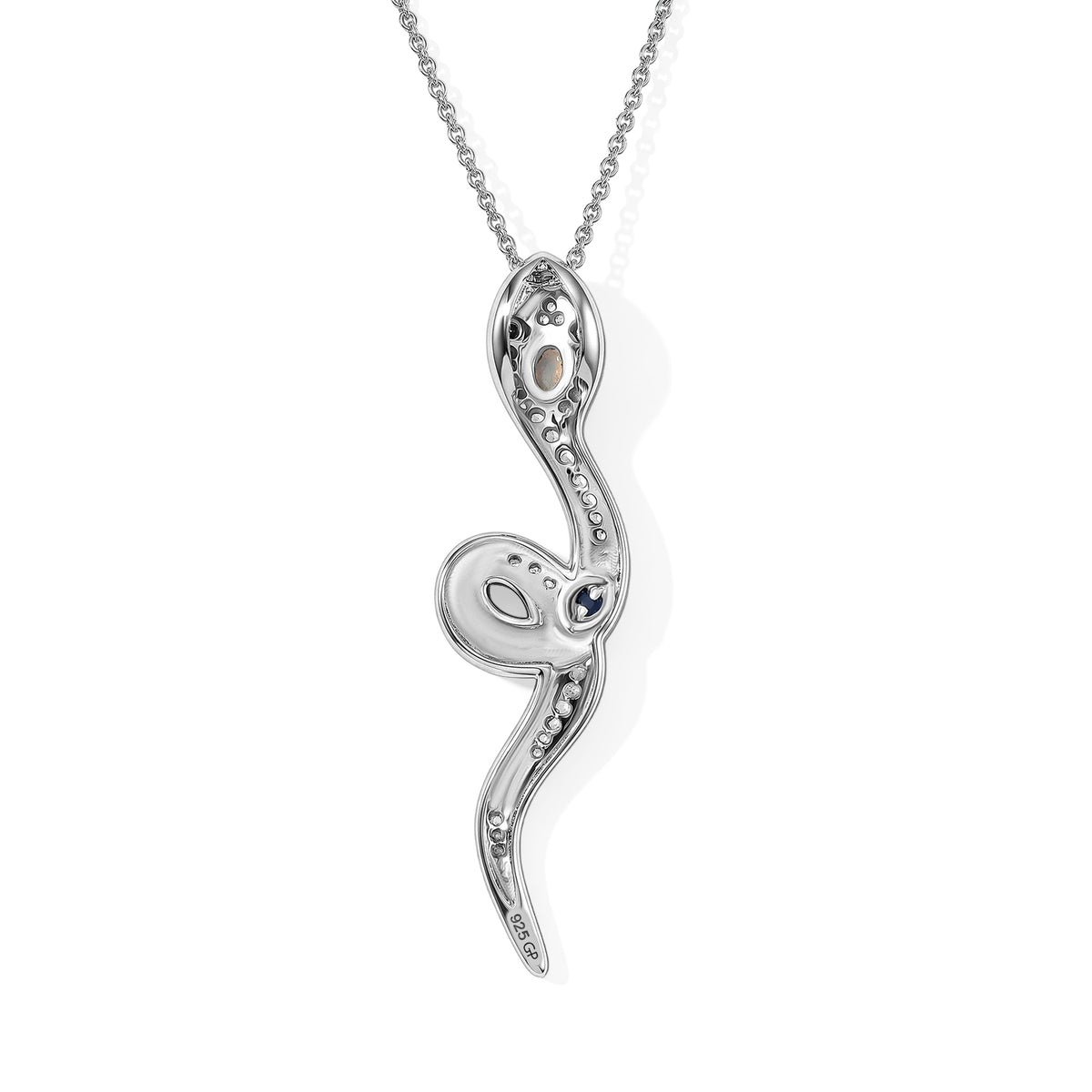 GP - Ethiopian Opal, White Zircon, Black Spinel &amp; Blue Sapphire Serpentine Pendant with Chain (Size 20) in Rhodium Overlay Sterling Silver 4540421 5