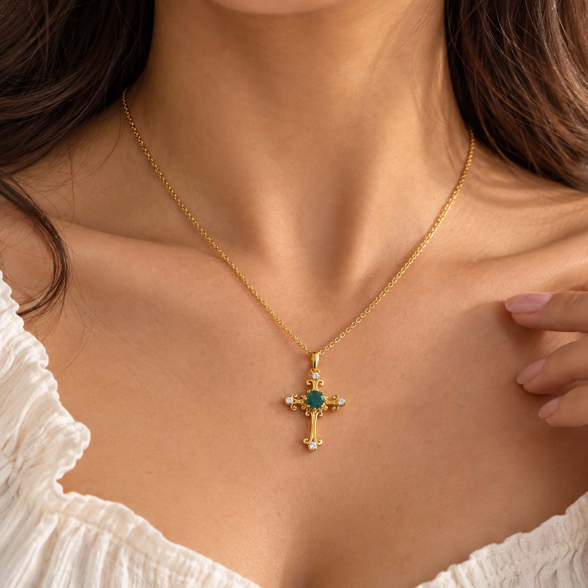 D'Joy - AAA Grandidierite &amp; White Zircon Cross Pendant in Yellow Gold Plated Sterling Silver with Chain (Size 20) 1.10 Ct. 4562239 1