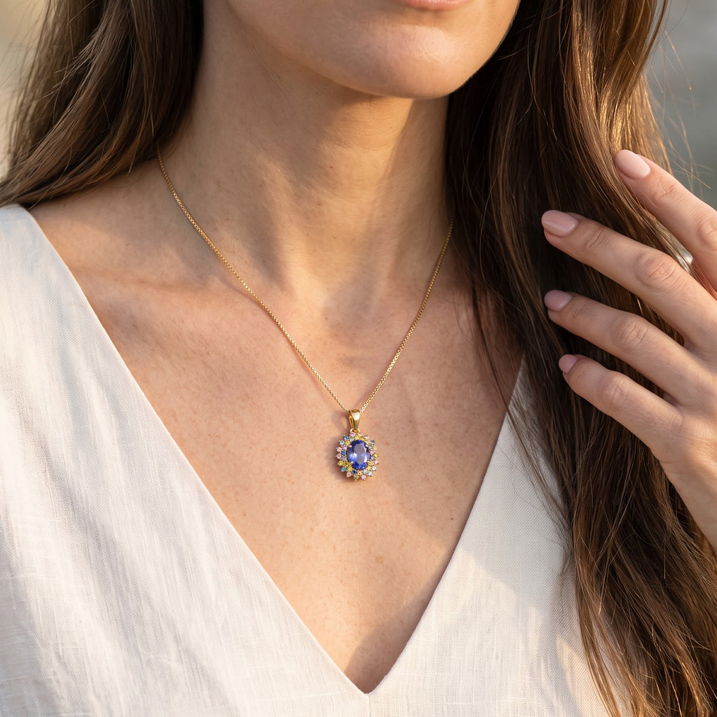 Tanzanite,  Lab Grown Yellow Diamond,  Lab Grown Green Diamond,  Lab Grown Pink Diamond,  Lab Grown Blue Diamond,  Lab Grown Red Diamond Pendant with Chain (Size 20) in 18K YG Vermeil Sterling Silver_4579498_1