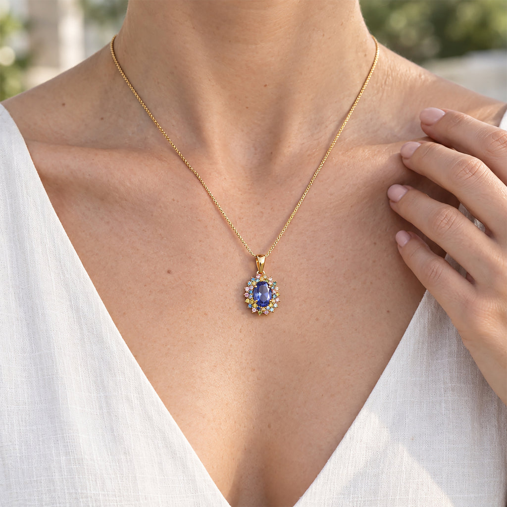 Tanzanite,  Lab Grown Yellow Diamond,  Lab Grown Green Diamond,  Lab Grown Pink Diamond,  Lab Grown Blue Diamond,  Lab Grown Red Diamond Pendant with Chain (Size 20) in 18K YG Vermeil Sterling Silver_4579498_2