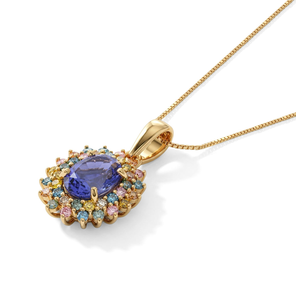 Tanzanite,  Lab Grown Yellow Diamond,  Lab Grown Green Diamond,  Lab Grown Pink Diamond,  Lab Grown Blue Diamond,  Lab Grown Red Diamond Pendant with Chain (Size 20) in 18K YG Vermeil Sterling Silver_4579498_3