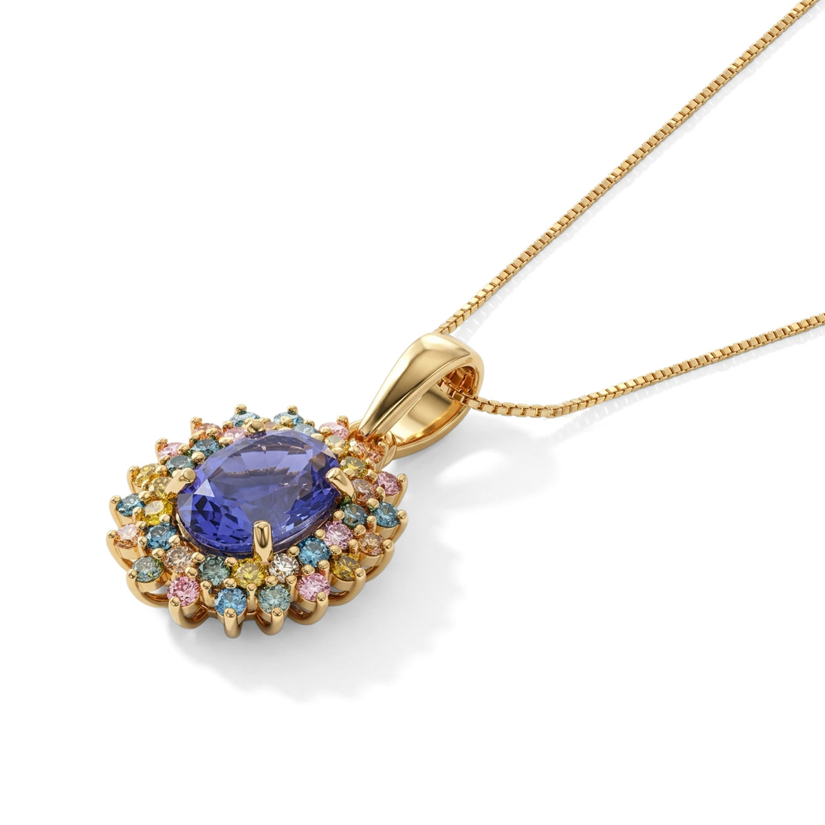 Luxuriant - Tanzanite &amp; Lab Grown Mulit-Diamond Floral Halo Pendant with Chain (Size 20) &amp; Spring Ring Clasp in 18K Vermeil Yellow Gold Plated Sterling Silver 2.20 Ct. 4579498 3