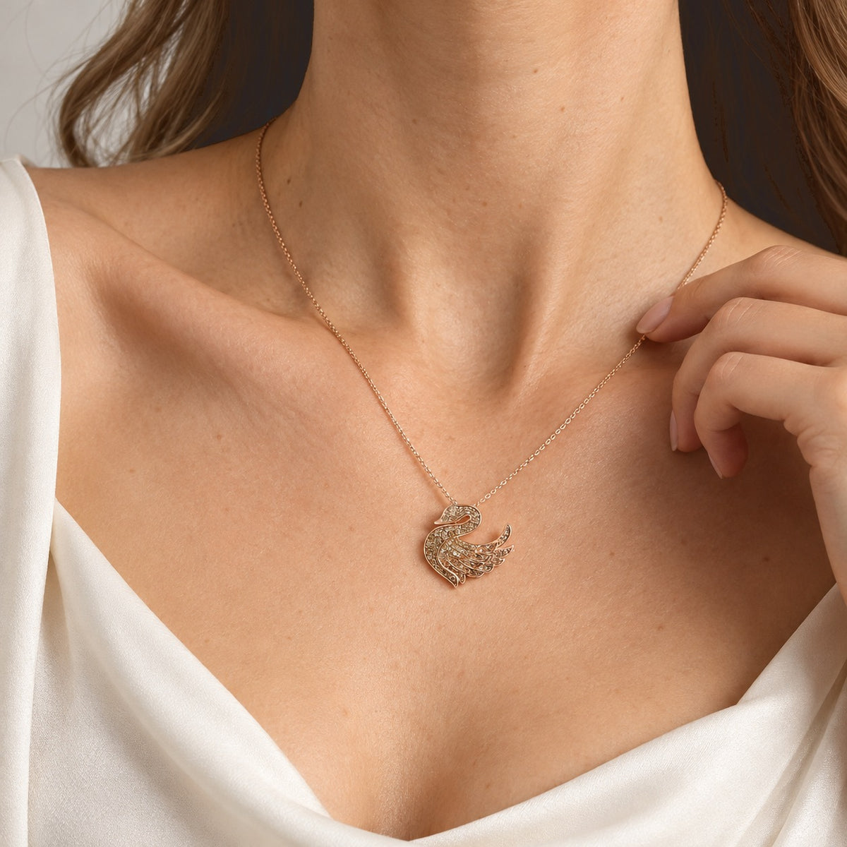 GP - Champagne Diamond, White Diamond &amp; Blue Sapphire Duck Pendant with Chain (Size 20) in 18K Vermeil Rose Gold Plated Sterling Silver 0.50 Ct. 4579842 2