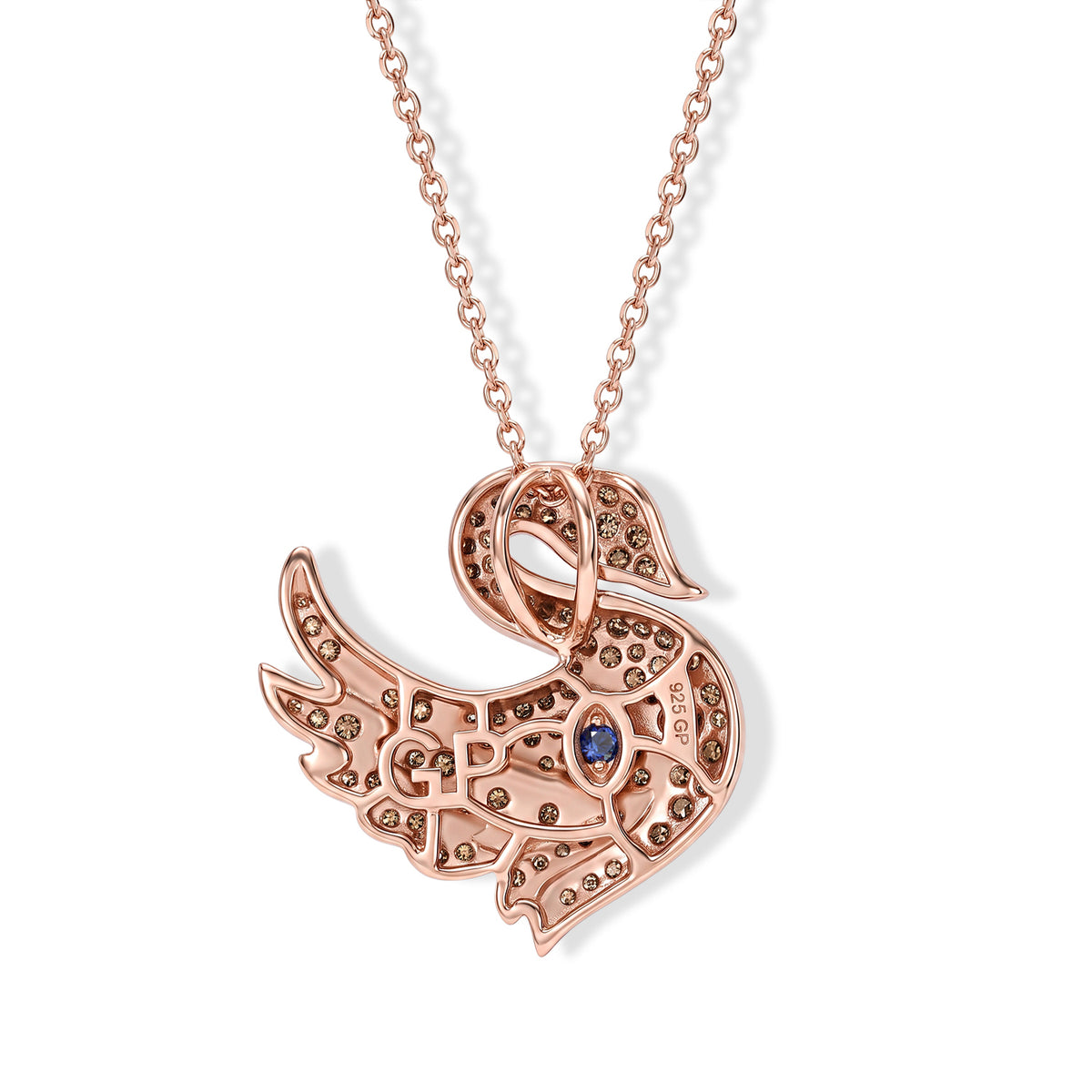 GP - Champagne Diamond, White Diamond &amp; Blue Sapphire Duck Pendant with Chain (Size 20) in 18K Vermeil Rose Gold Plated Sterling Silver 0.50 Ct. 4579842 5