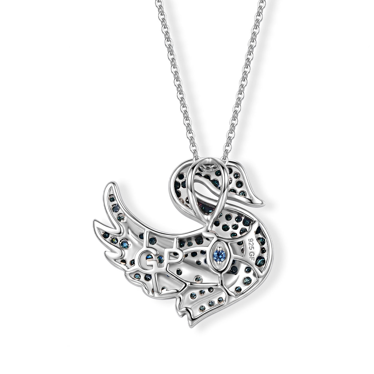 GP - Blue Diamond, White Diamond &amp; Blue Sapphire Duck Pendant with Chain (Size 20) in Rhodium Overlay Sterling Silver 0.50 Ct. 4579843 5