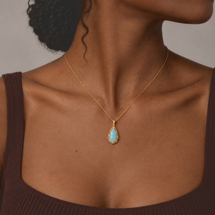 Luxuriant - Ethiopian Opal &amp; Lab Grown Multi-Diamond Halo Pendant with Chain (Size 20) in 18K Vermeil Yellow Gold Plated Sterling Silver 5.6 Ct. 4582361 2