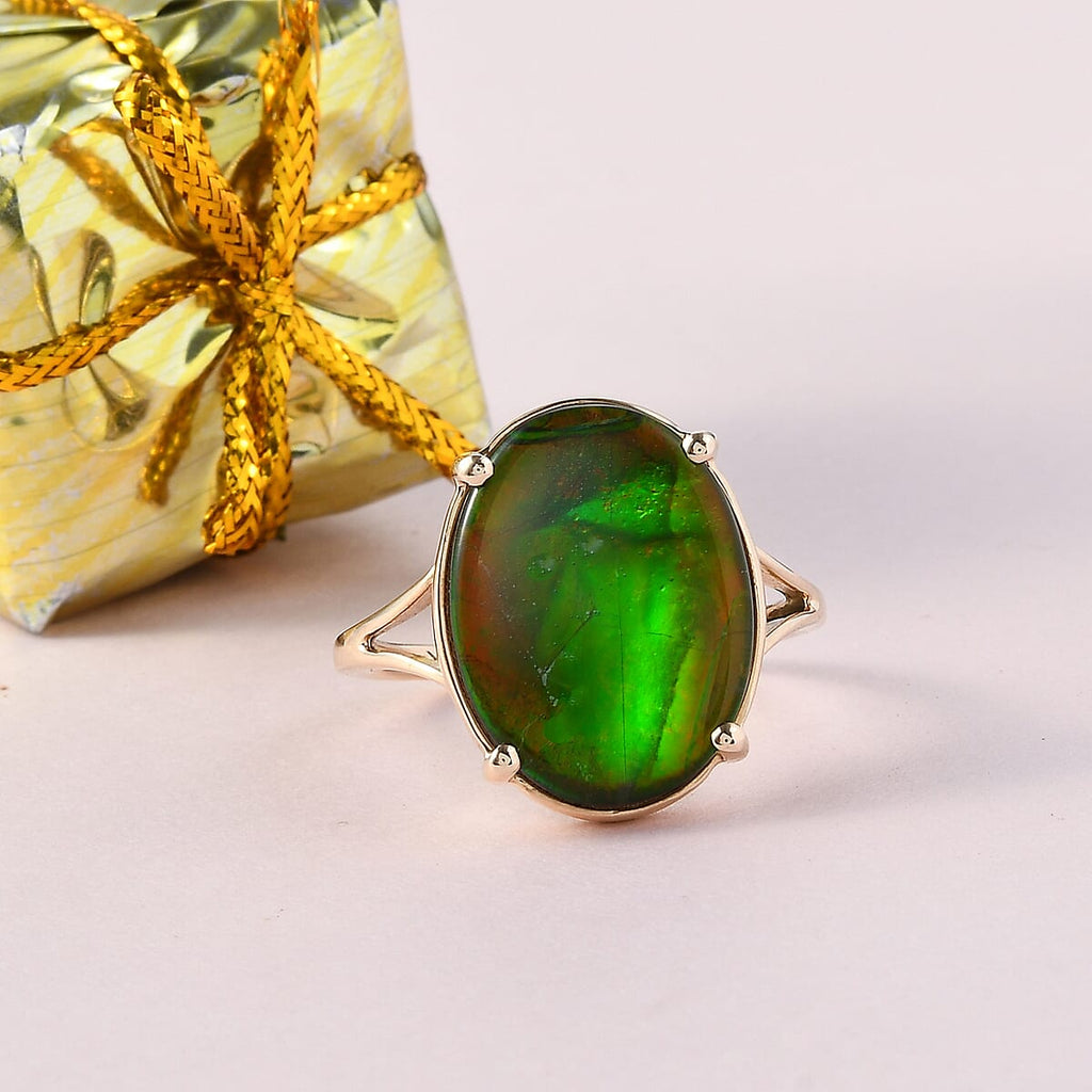 9K Yellow Gold AA Canadian Ammolite (OV16x12) Solitaire Ring 5.10 Ct