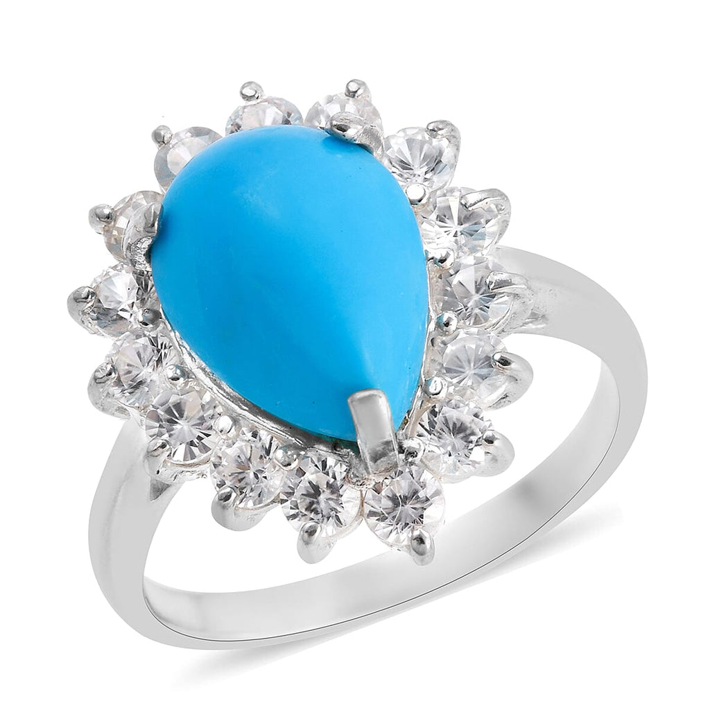 Arizona Sleeping Beauty Turquoise and Natural Zircon Halo Ring in Sterling Silver 5.11 Ct
