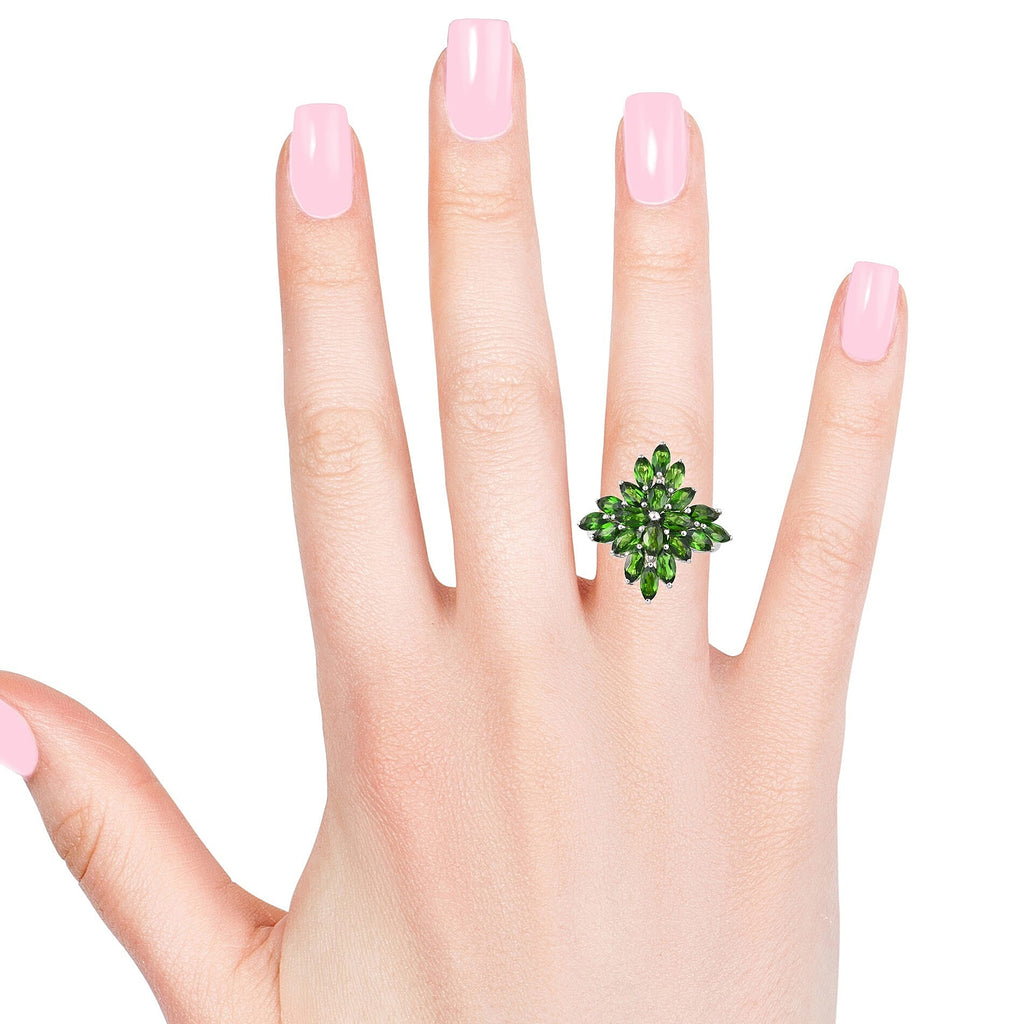 Chrome Diopside (Mrq) Cluster Ring in Platinum Overlay Sterling Silver 5.500 Ct.