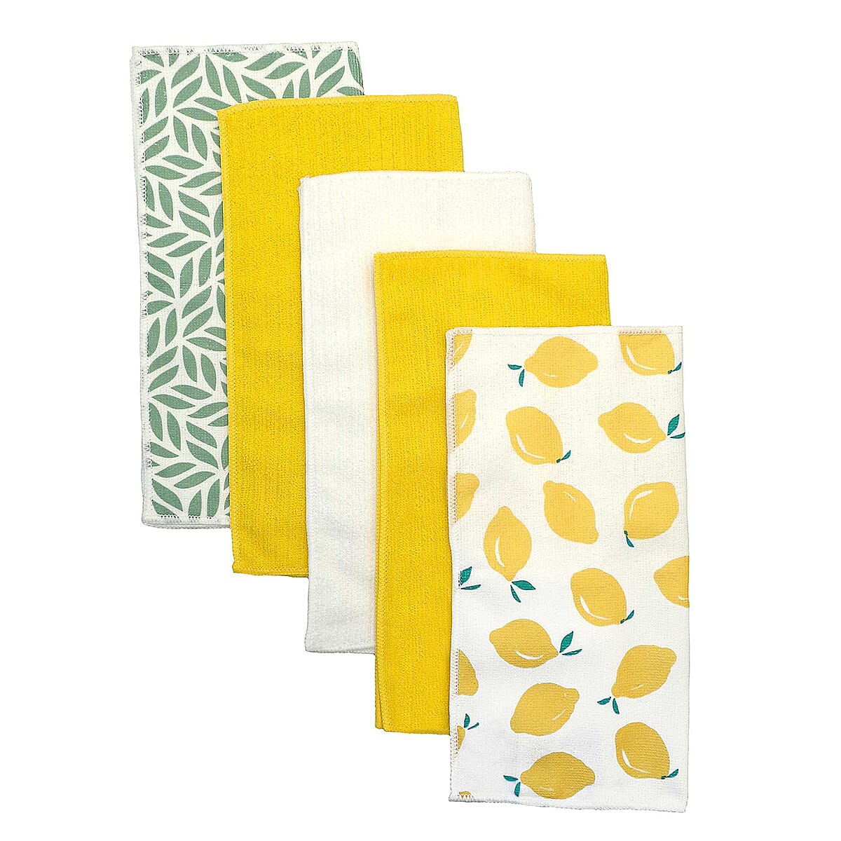 5pk Lemon Prints Microfibre Cleaning Cloths - Yellow,  White &amp; Green 8502511 0