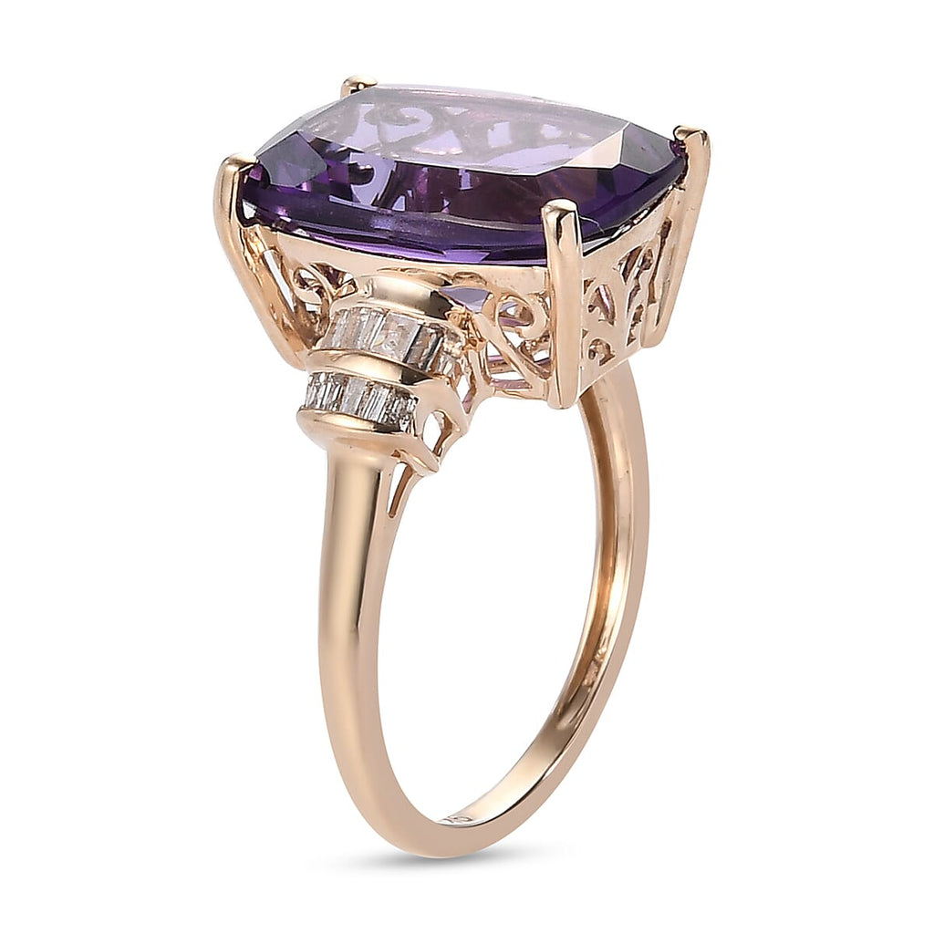 9K Yellow Gold Natural Moroccan Amethyst and Diamond Ring 6.32 Ct.
