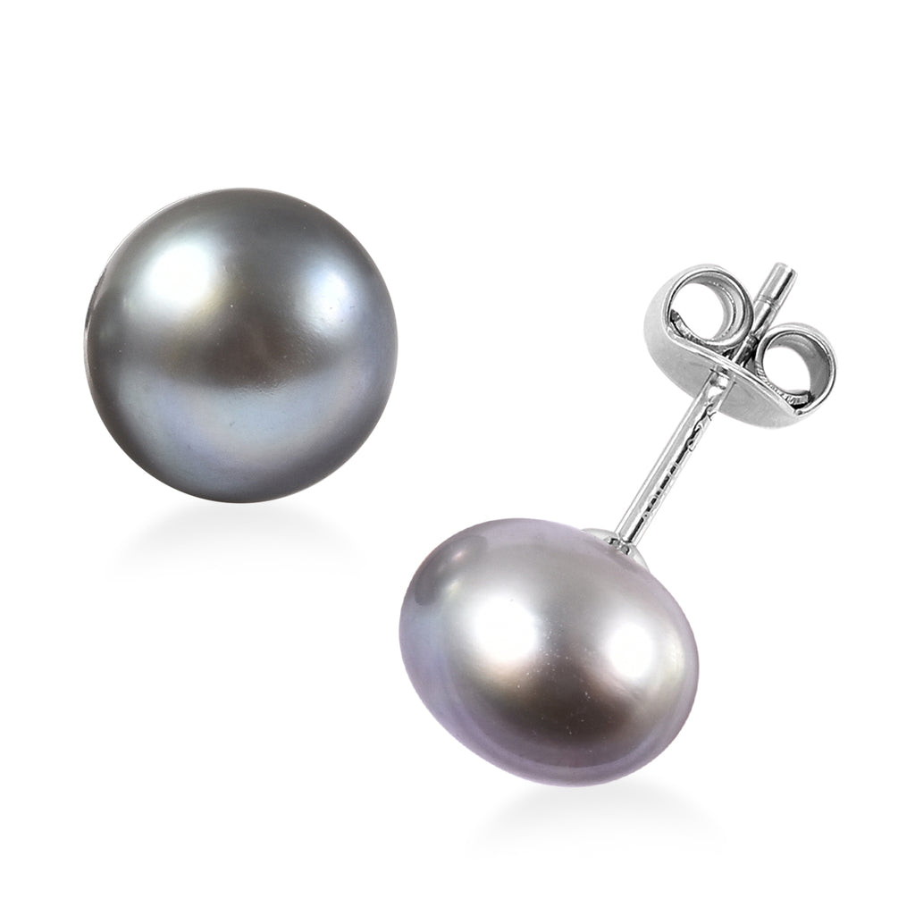 Silver Grey Freshwater Pearl (9-11mm) Stud Earrings with Push Back in Rhodium Overlay Sterling Silver 9.80 Ct._6091144