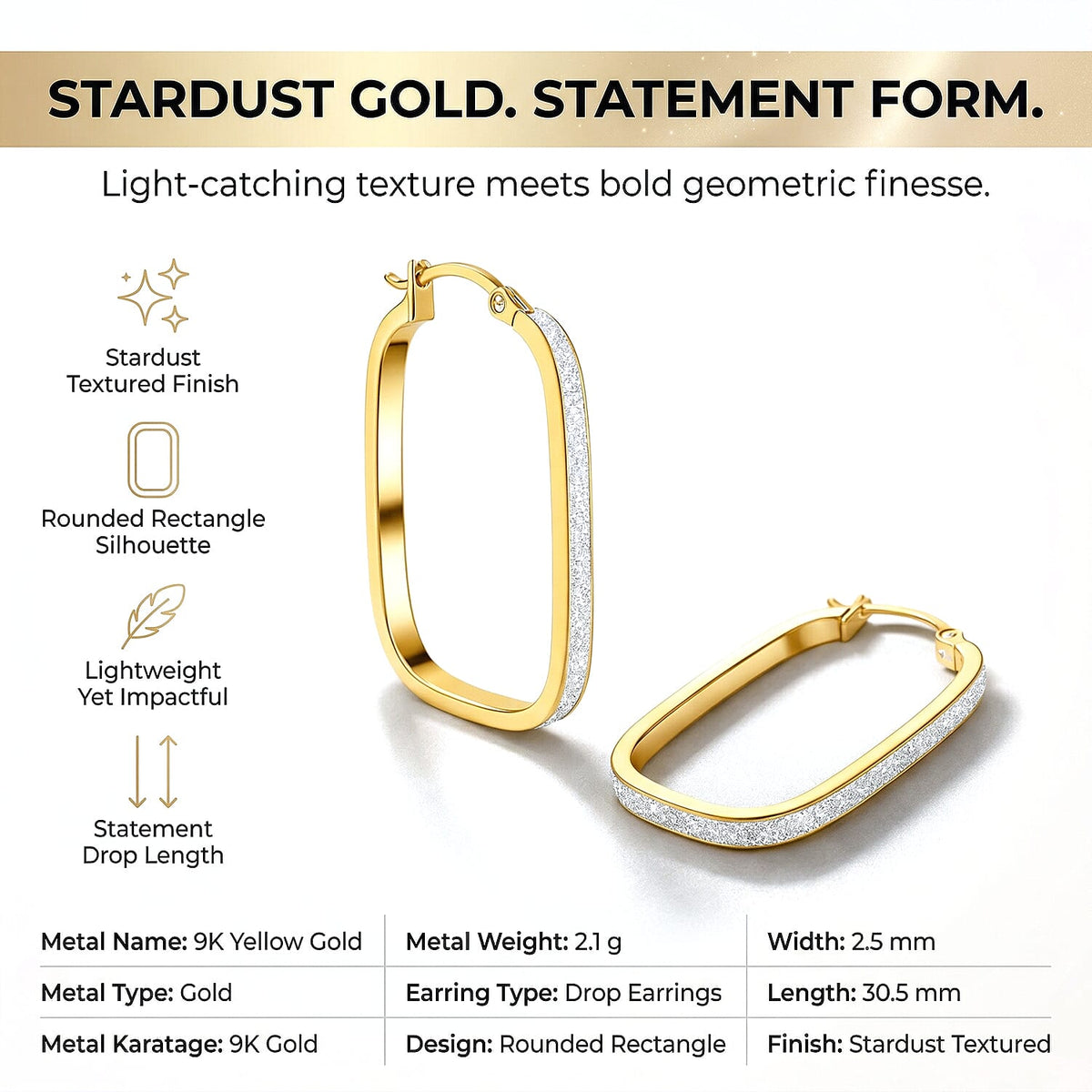 9K Yellow Gold 2.5MM X 30.5MM Stardust Rounded Rectangle Earrings 2.1 grams 6092900 4