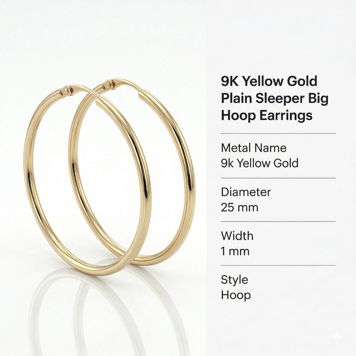 9K Yellow Gold 25MM Plain Sleeper Big Hoop Earrings 0.53 grams 6092911 6