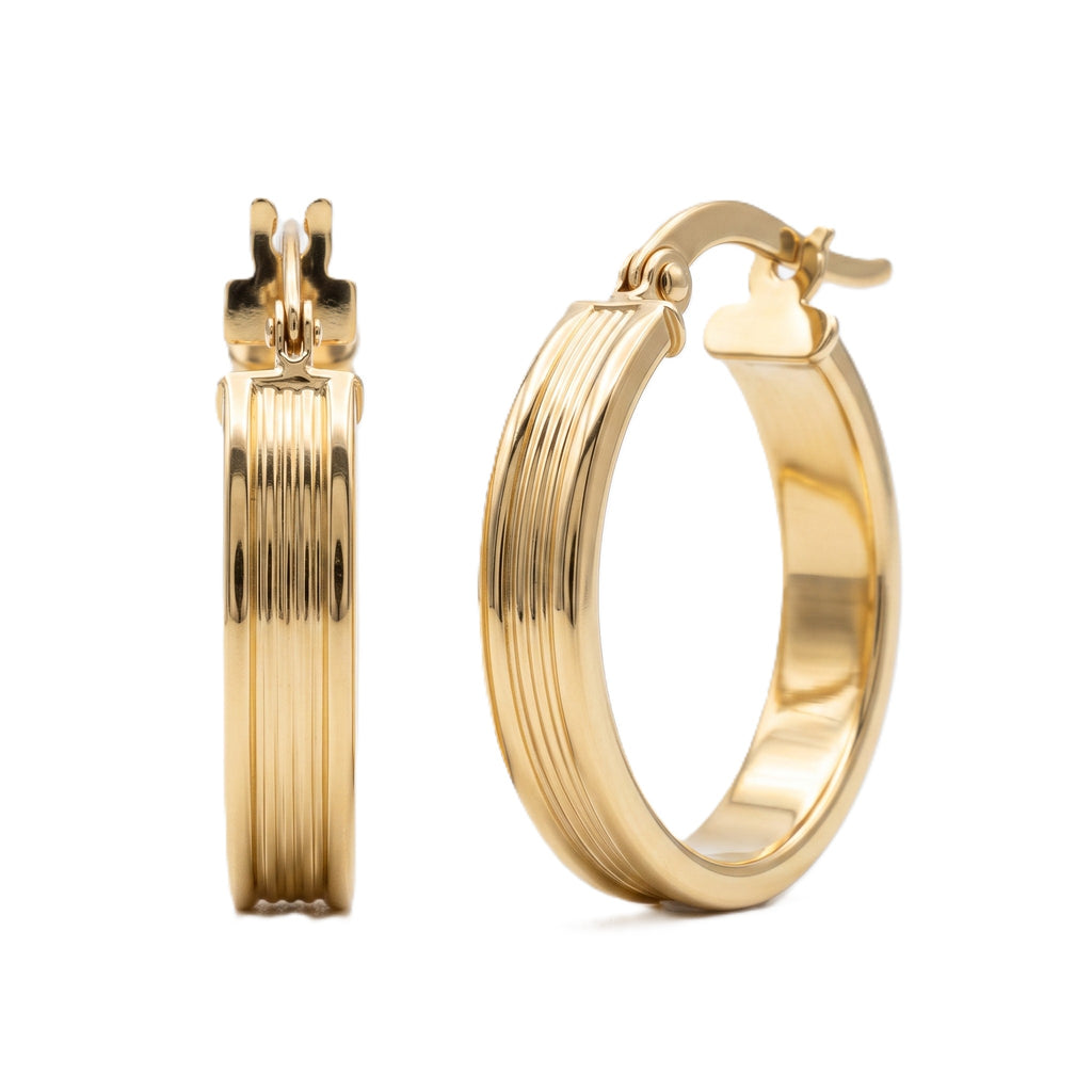 9K Yellow Gold 4MM Tube 21MM Patterned Hoop Creole Earrings 1.4 grams_6092929