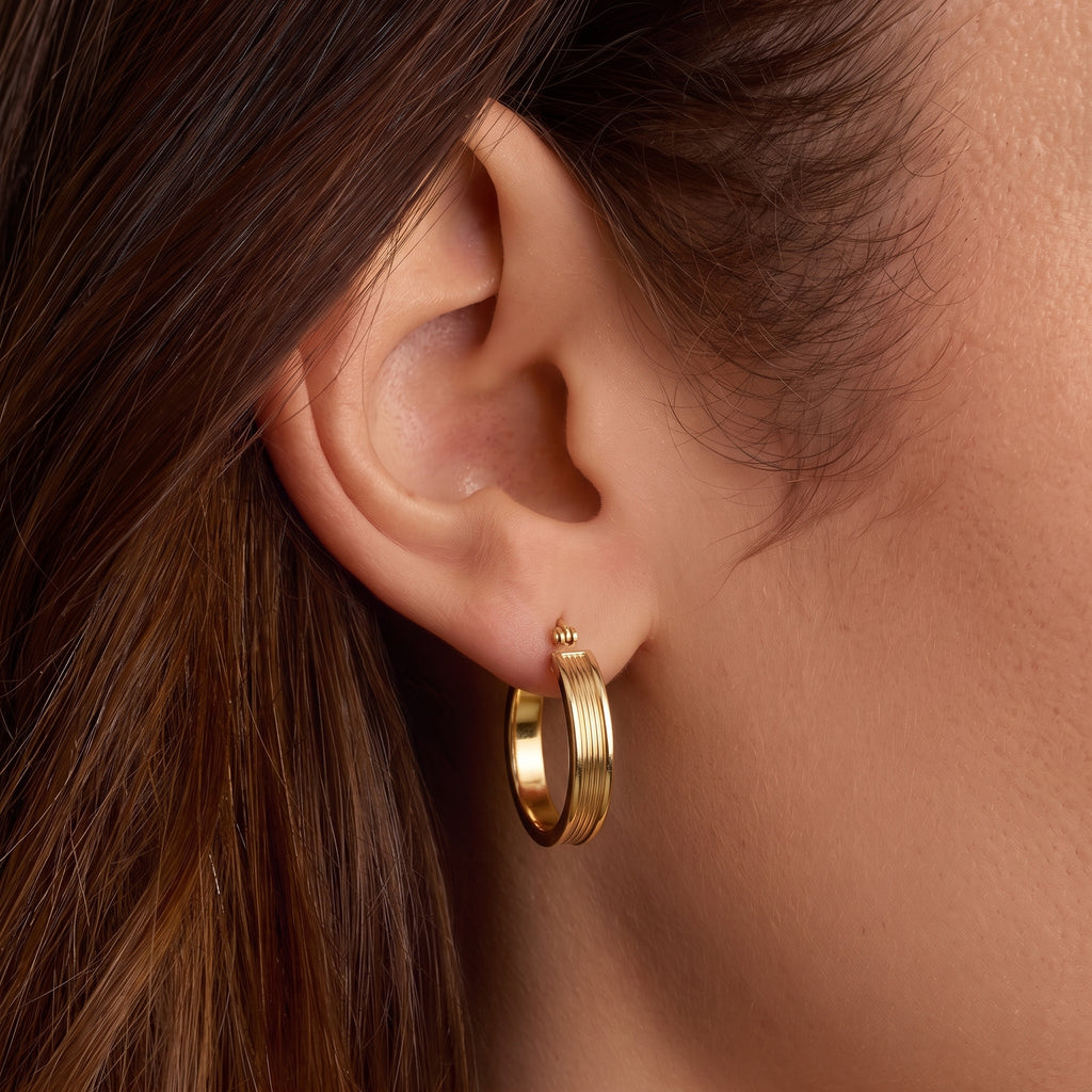9K Yellow Gold 4MM Tube 21MM Patterned Hoop Creole Earrings 1.4 grams_6092929_1