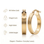 9K Yellow Gold 4MM Tube 21MM Patterned Hoop Creole Earrings 1.4 grams_6092929_6