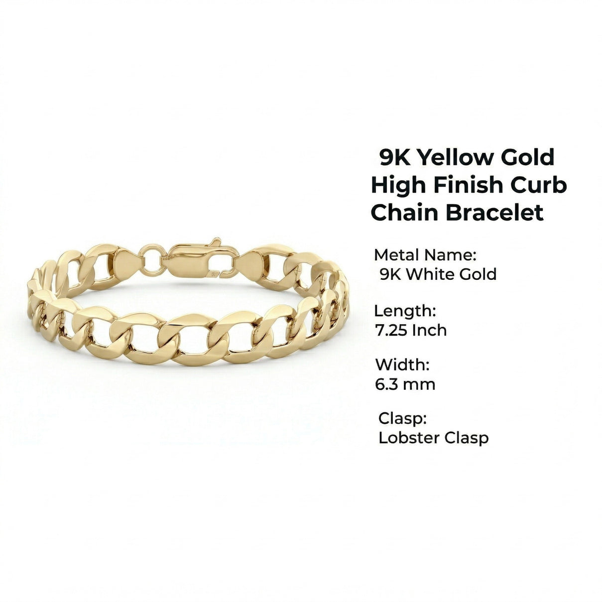 9K Yellow Gold High Finish Curb Chain Bracelet 7.25 Inch 4.5 grams 6093027 6