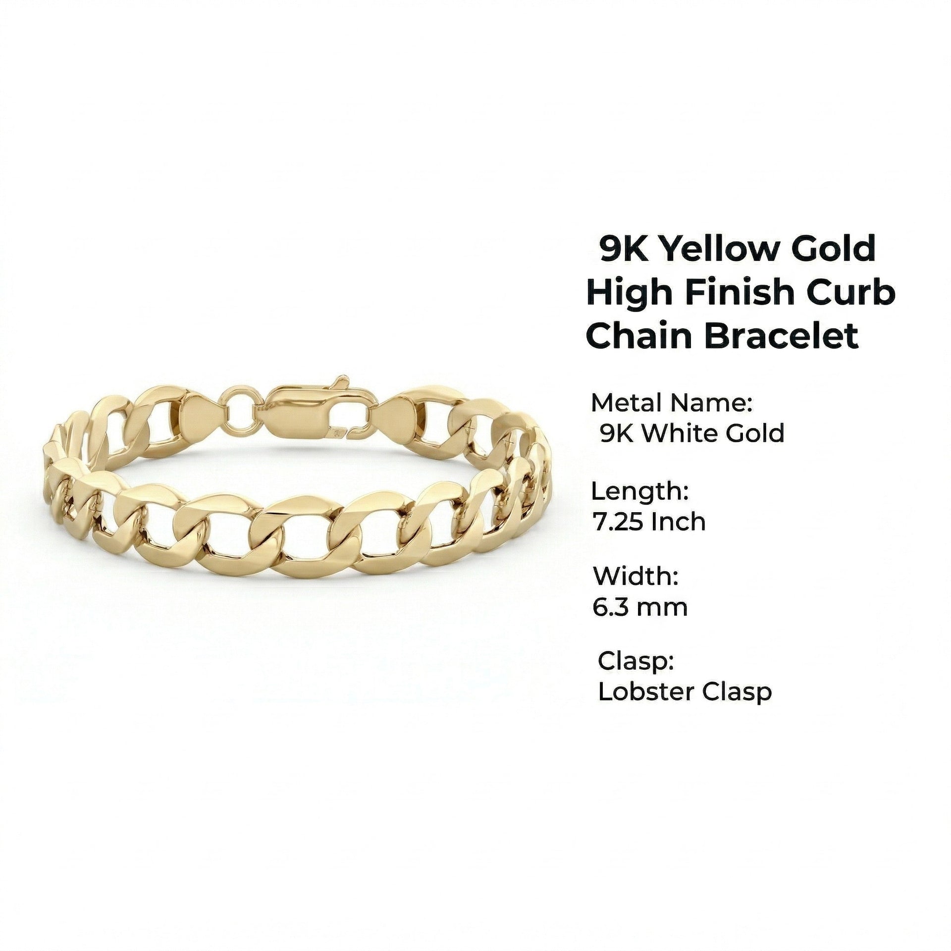 9K Yellow Gold High Finish Curb Chain Bracelet 7.25 Inch 4.5 grams 6093027 6