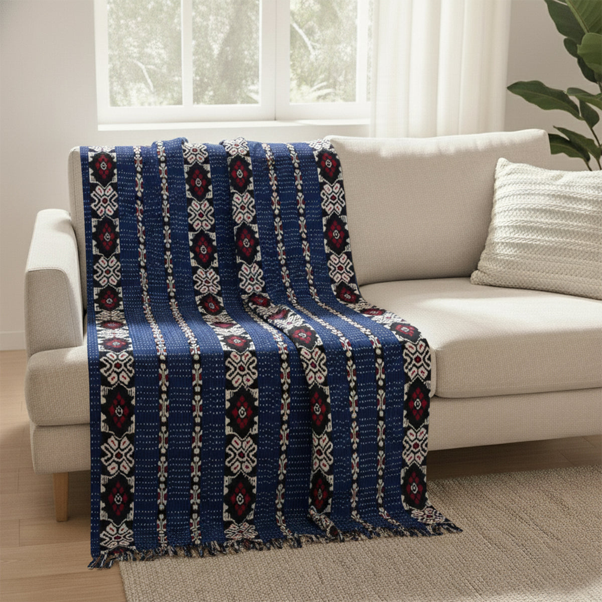 Bali Collection - Handmade Tenun Throw Blanket in Animal Motif - Navy and Red V32532053 2