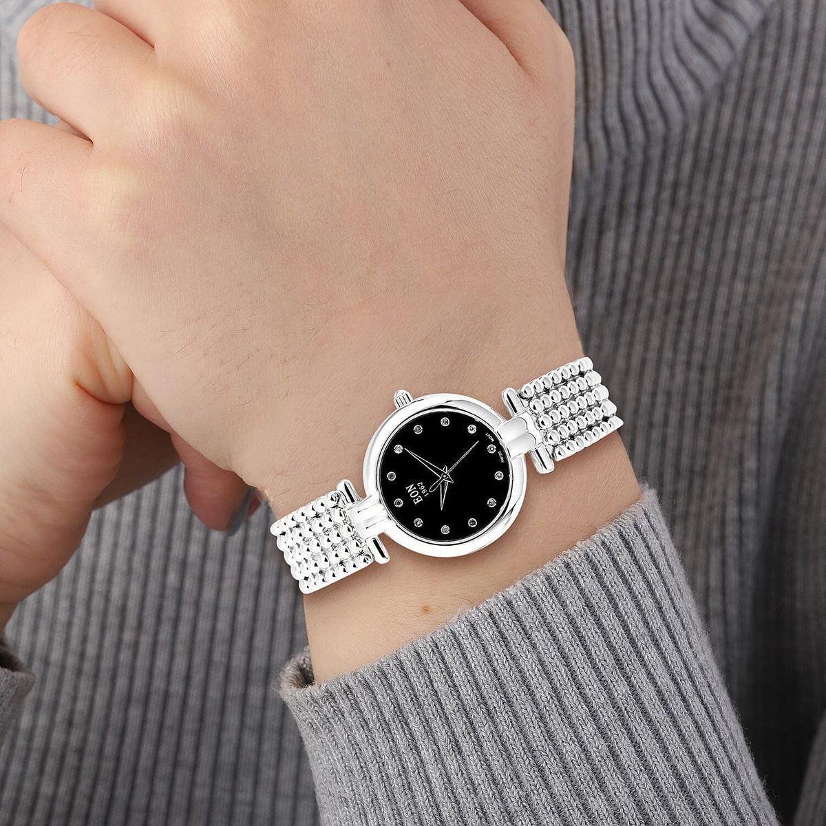 EON 1962 Swiss Movement 12 Champagne Studded 5 ATM Water Resistant Watch in Silver Tone 3880730 3