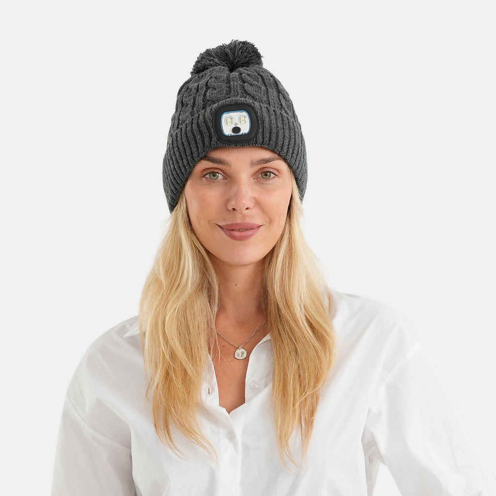 USB Rechargeable Waterproof LED Bobble Hat with Sherpa Lining  (Size 26x20 Cm) - Grey_6126643