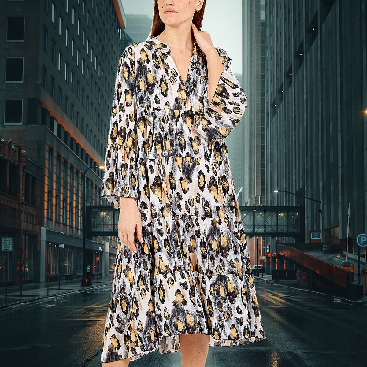 Nova of London Midi Leopard Print Tiered Dress in White and Grey Colour 6242387 3