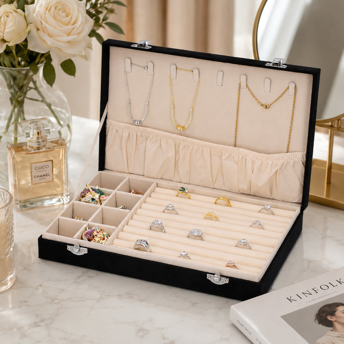 Luxurious Velvet Anti-Tarnish Jewelry Organizer Box (29x18.5x5.2cm) - Black V32518045 2