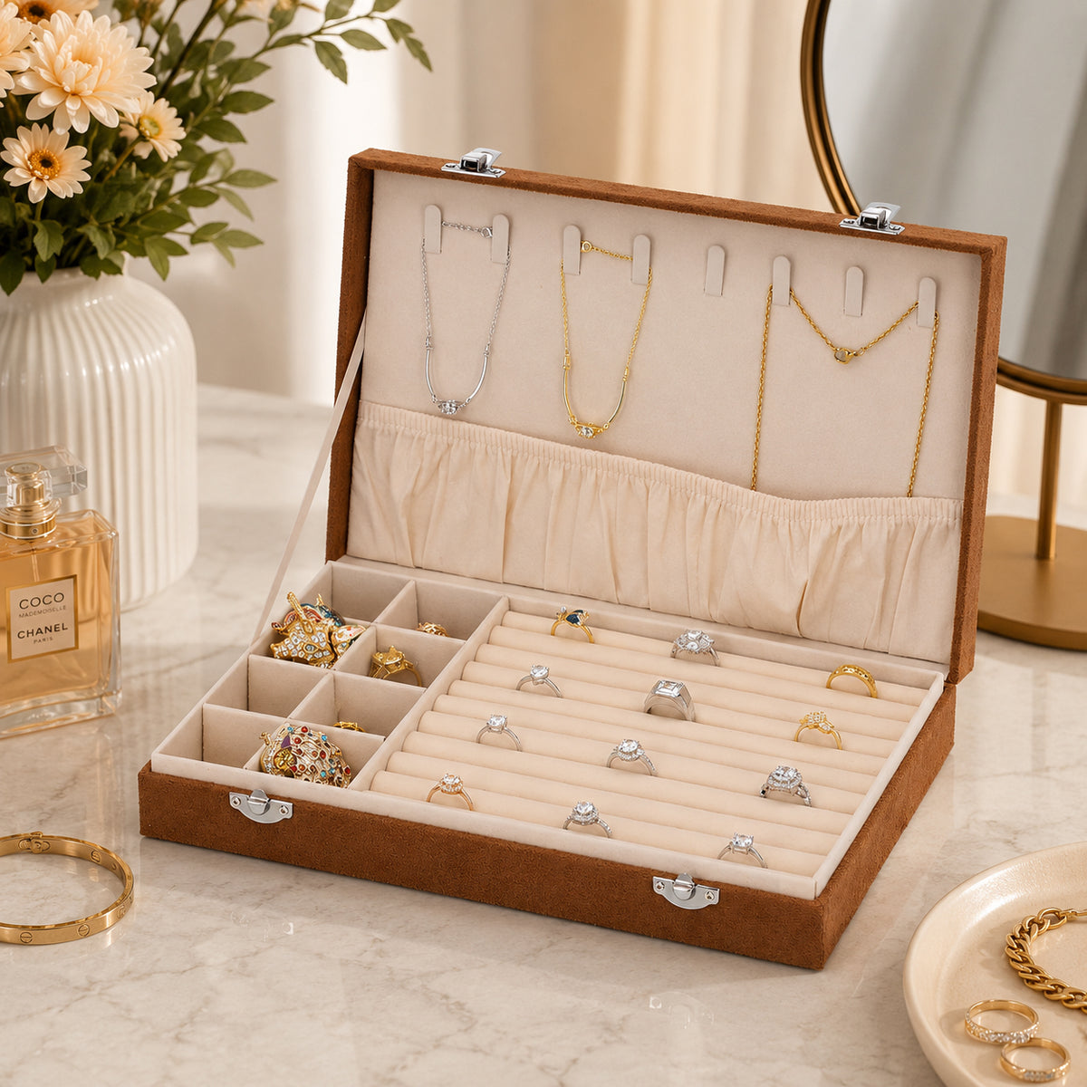 Luxurious Velvet Anti-Tarnish Jewelry Organizer Box (29x18.5x5.2cm) - Brown V32518046 1