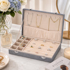 Luxurious Velvet Anti-Tarnish Jewelry Organizer Box (29x18.5x5.2cm) - Grey_6242543_1