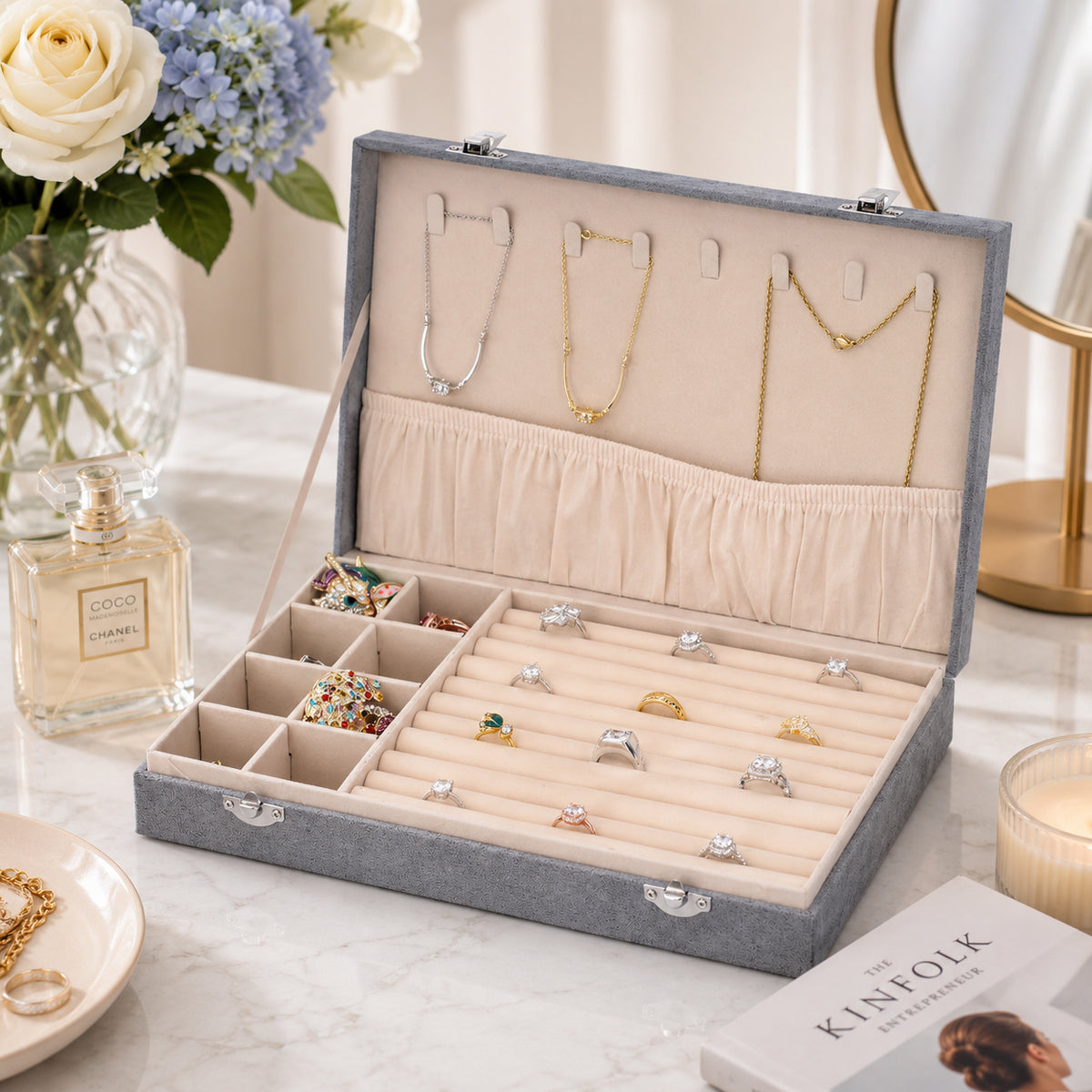 Luxurious Velvet Anti-Tarnish Jewelry Organizer Box (29x18.5x5.2cm) - Grey V32517363 2