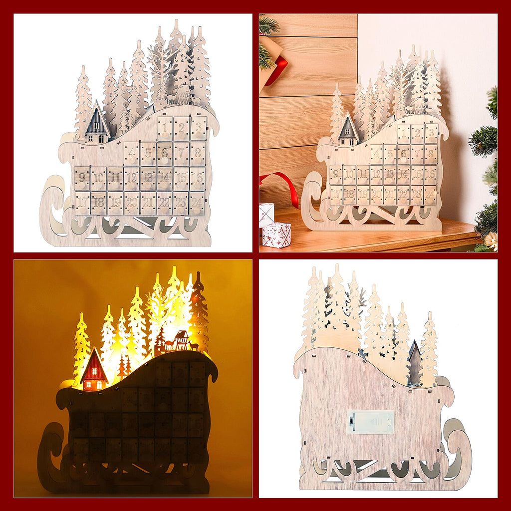 Christmas Decorative - LED Sleigh Advent Calendar (Size 40x32x10 Cm) - Light Brown