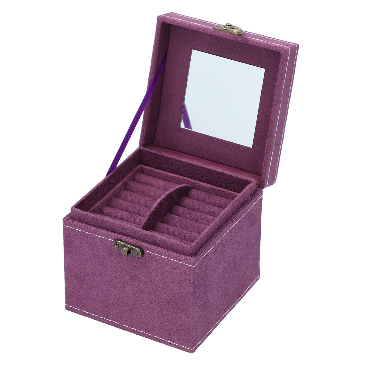 Vintage-Style 3 Layer Velvet Jewellery Box with Interior Mirror, Removable Trays &amp; Retro Latch Lock (12 Cm) - Purple 6298113 4