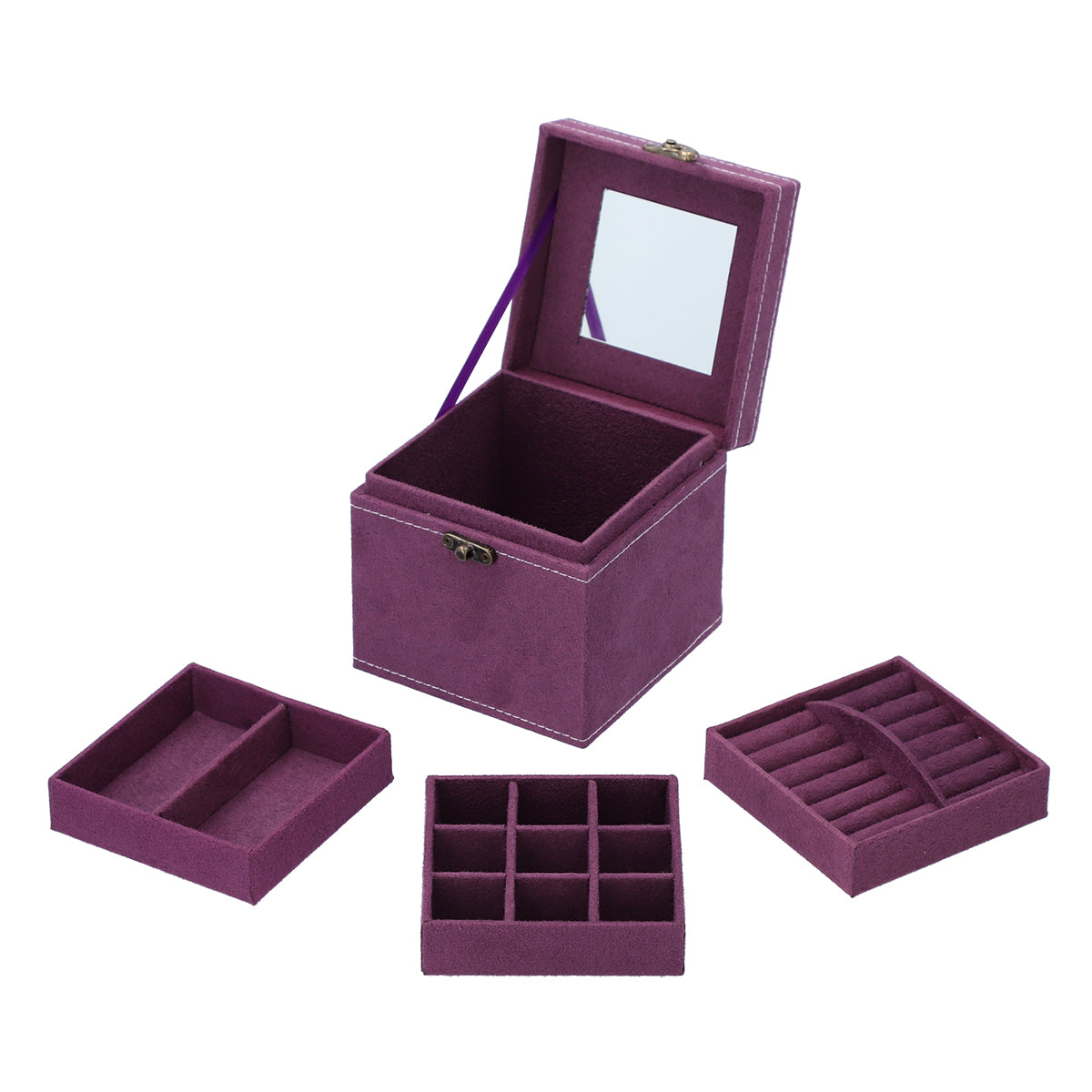 Vintage-Style 3 Layer Velvet Jewellery Box with Interior Mirror, Removable Trays &amp; Retro Latch Lock (12 Cm) - Purple 6298113 5