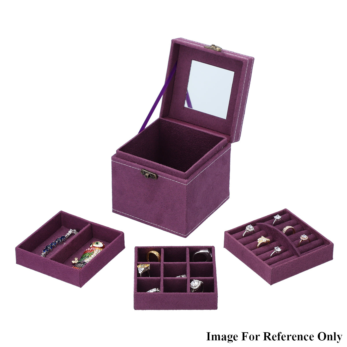 Vintage-Style 3 Layer Velvet Jewellery Box with Interior Mirror, Removable Trays &amp; Retro Latch Lock (12 Cm) - Purple 6298113 6
