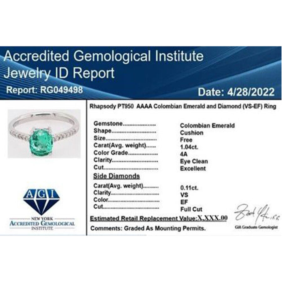 Appraised RHAPSODY 950 Platinum AGI Certified AAAA Colombian Emerald &amp; (VS-EF) White Diamond Classic Solitaire Ring 1.15 Ct 6303093 2