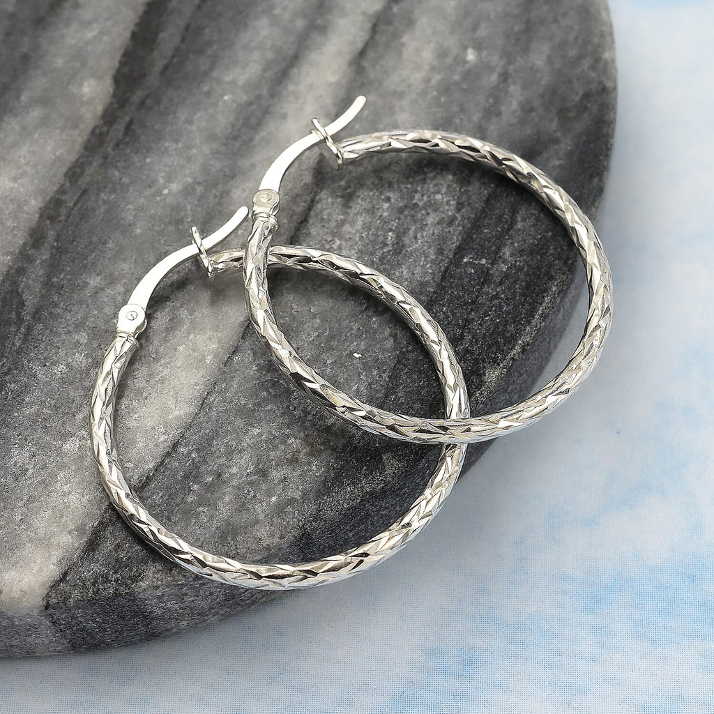 Sterling Silver Diamond Cut Hoop Earrings